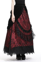 Red Princess Pleat Lace Velvet Maxi Skirt