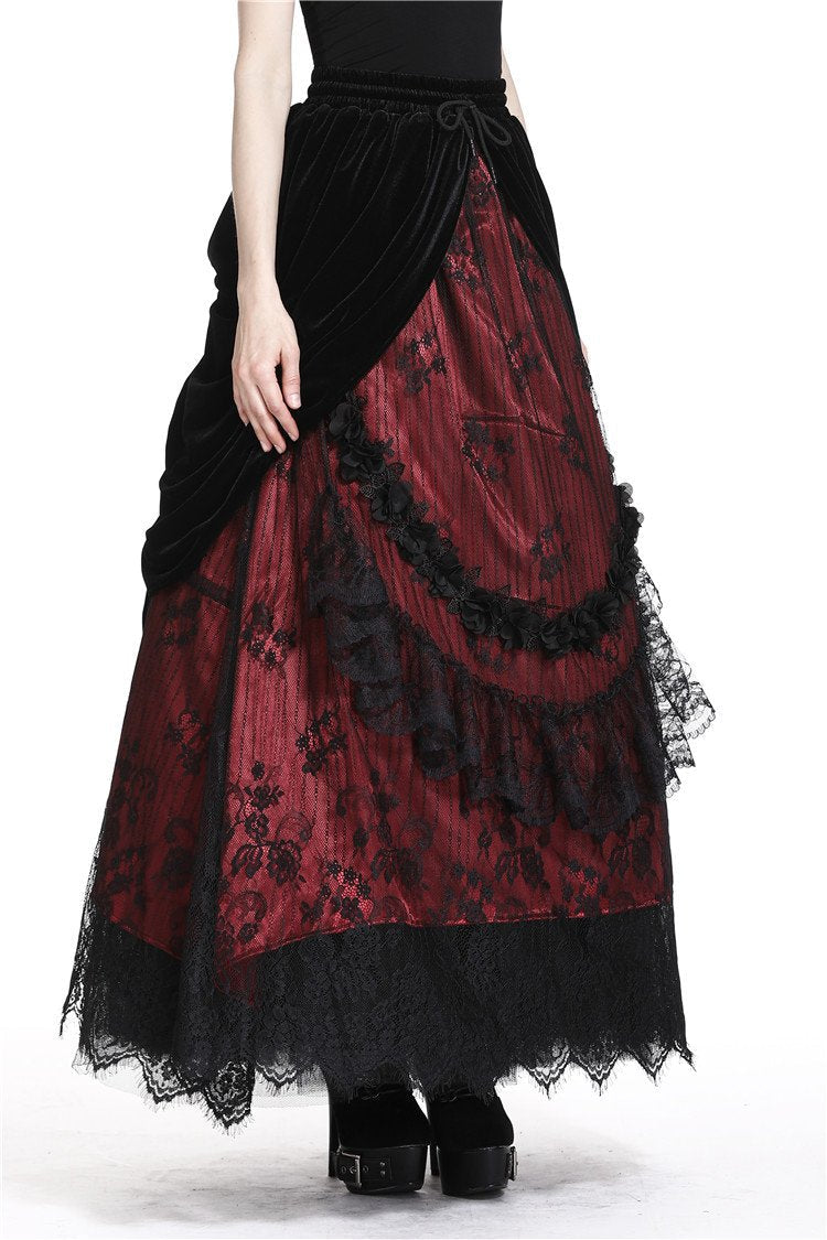 Red Princess Pleat Lace Velvet Maxi Skirt