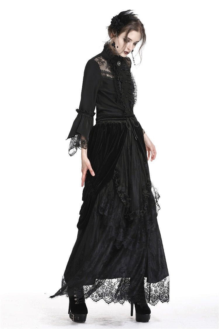 Princess Pleat Lace Velvet Maxi Skirt