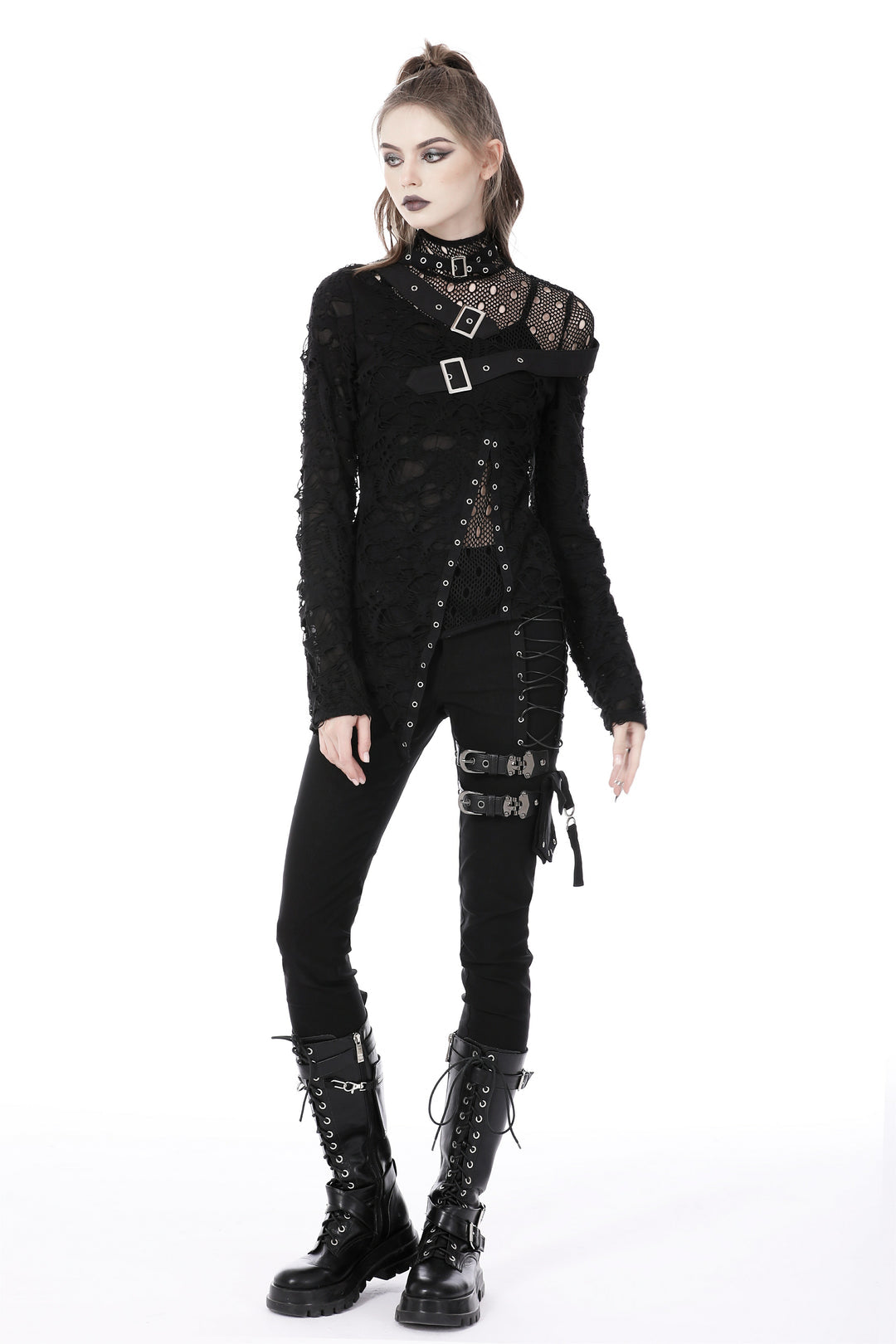 Asymmetric Punk Shredded Buckle Top