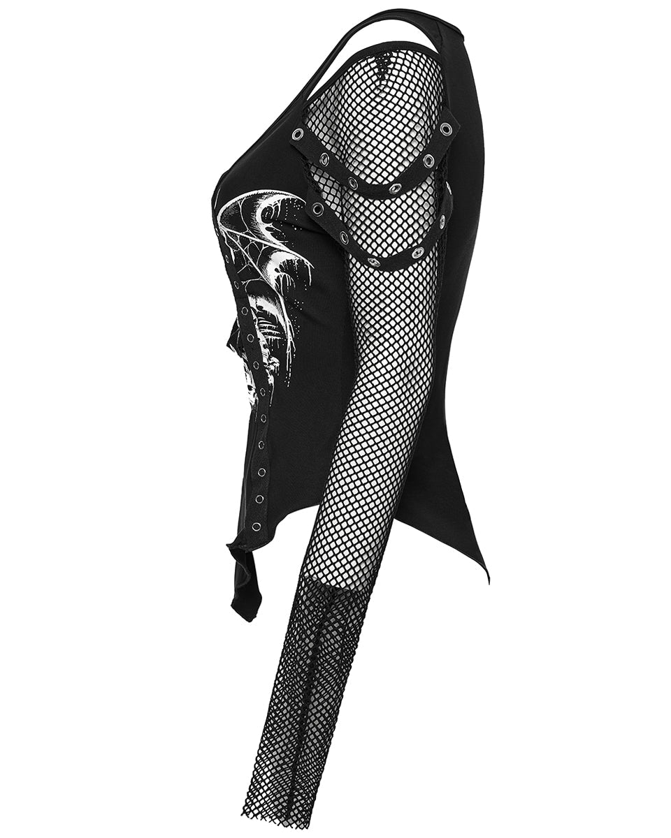 Punk Printed Mesh Strap Full Sleeve Top