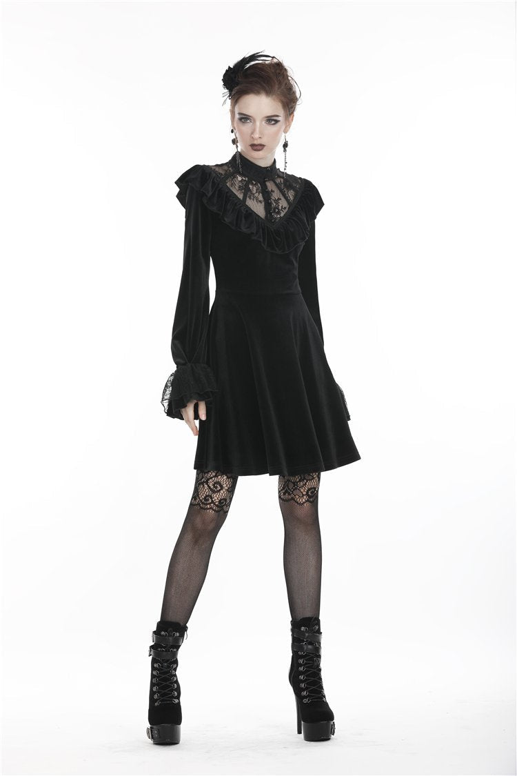 Sheer Lace V Neck Velvet Dress