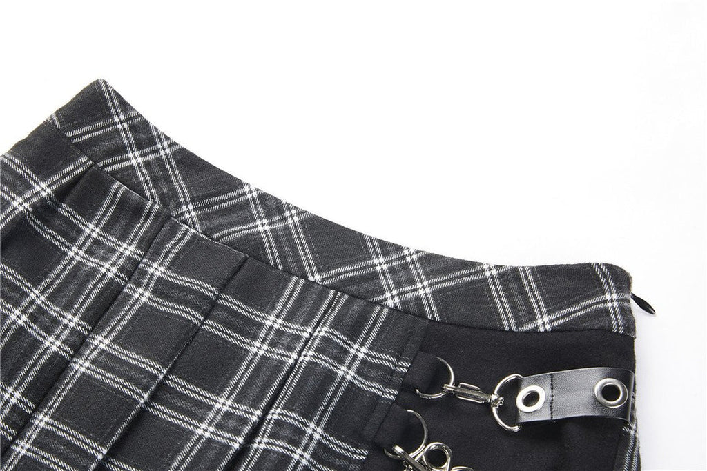 Grid Pleated Big Safety Pin Mini Skirt