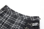 Grid Pleated Big Safety Pin Mini Skirt