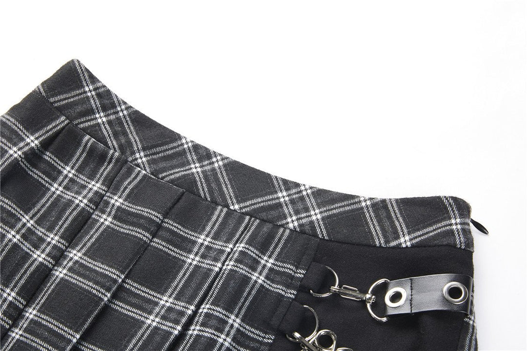 Grid Pleated Big Safety Pin Mini Skirt