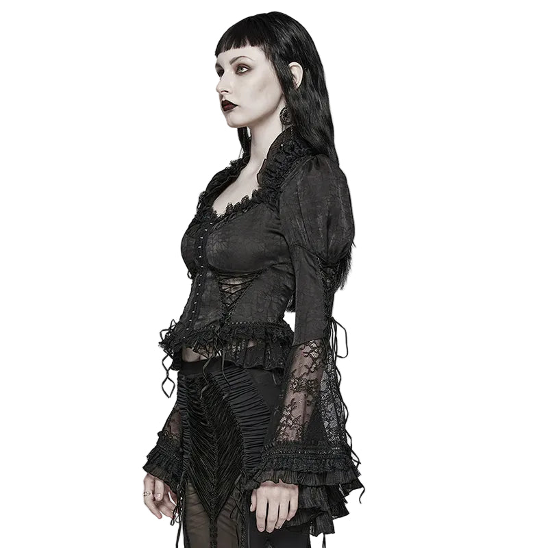 Flared Sleeve Lace High Neck Corset Style Blouse