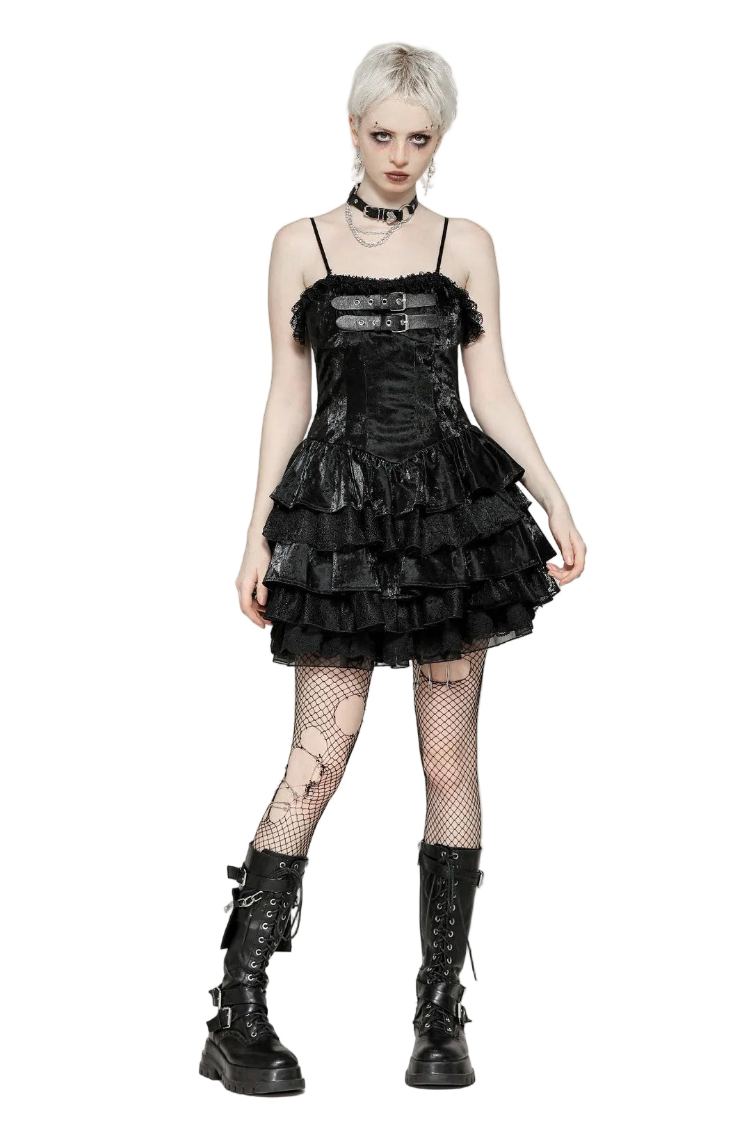 Shiny PU Leather Layered Buckle Dress