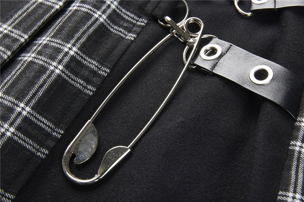 Grid Pleated Big Safety Pin Mini Skirt