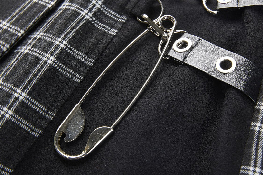 Grid Pleated Big Safety Pin Mini Skirt
