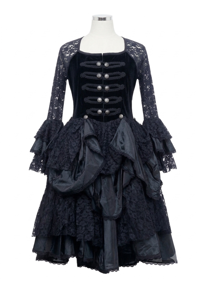 Black Lace Sleeve Ruffle Layered Dress