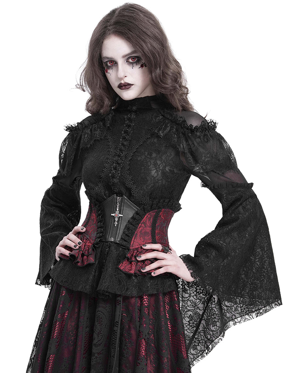Red Crucifix Rose Frill Corset Belt