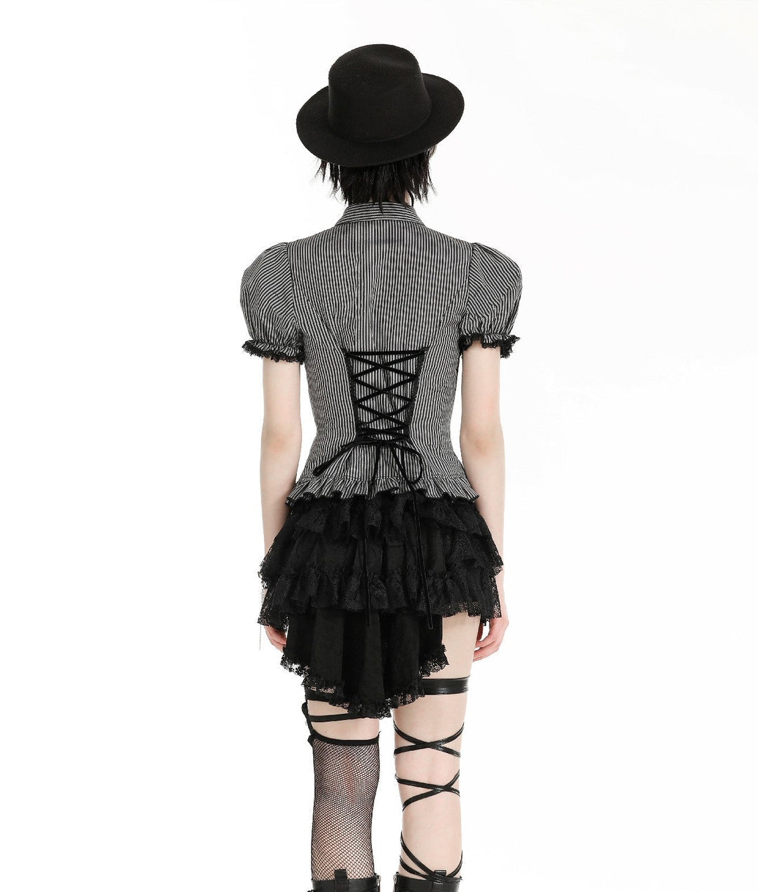 Pinstripe Ribbon Cat Broach Collar Blouse