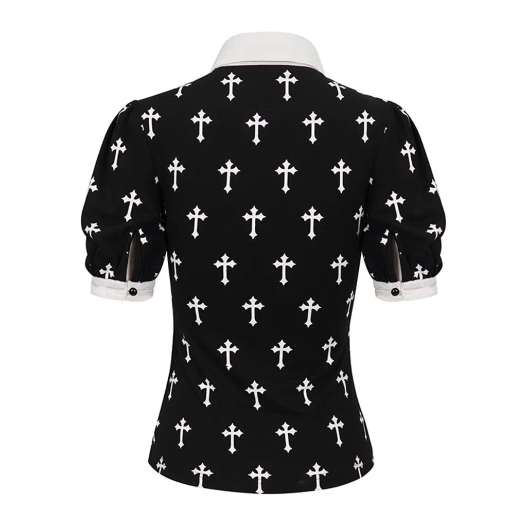 White Frill Crucifix Print Blouse