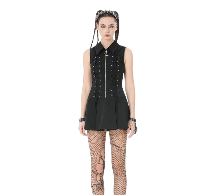 Skull Zip Lace Up Skater Dress