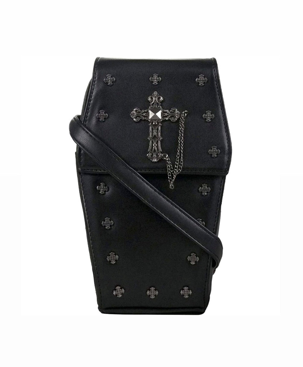 Mini Black Coffin Chain Bag With Metal Crucifix