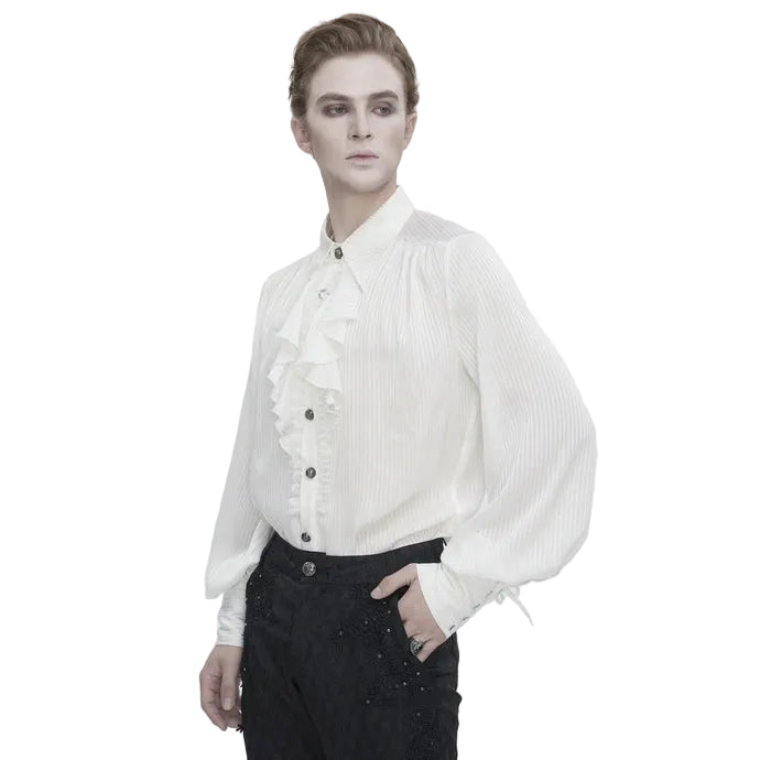White Pinstripe Ruffle Shirt