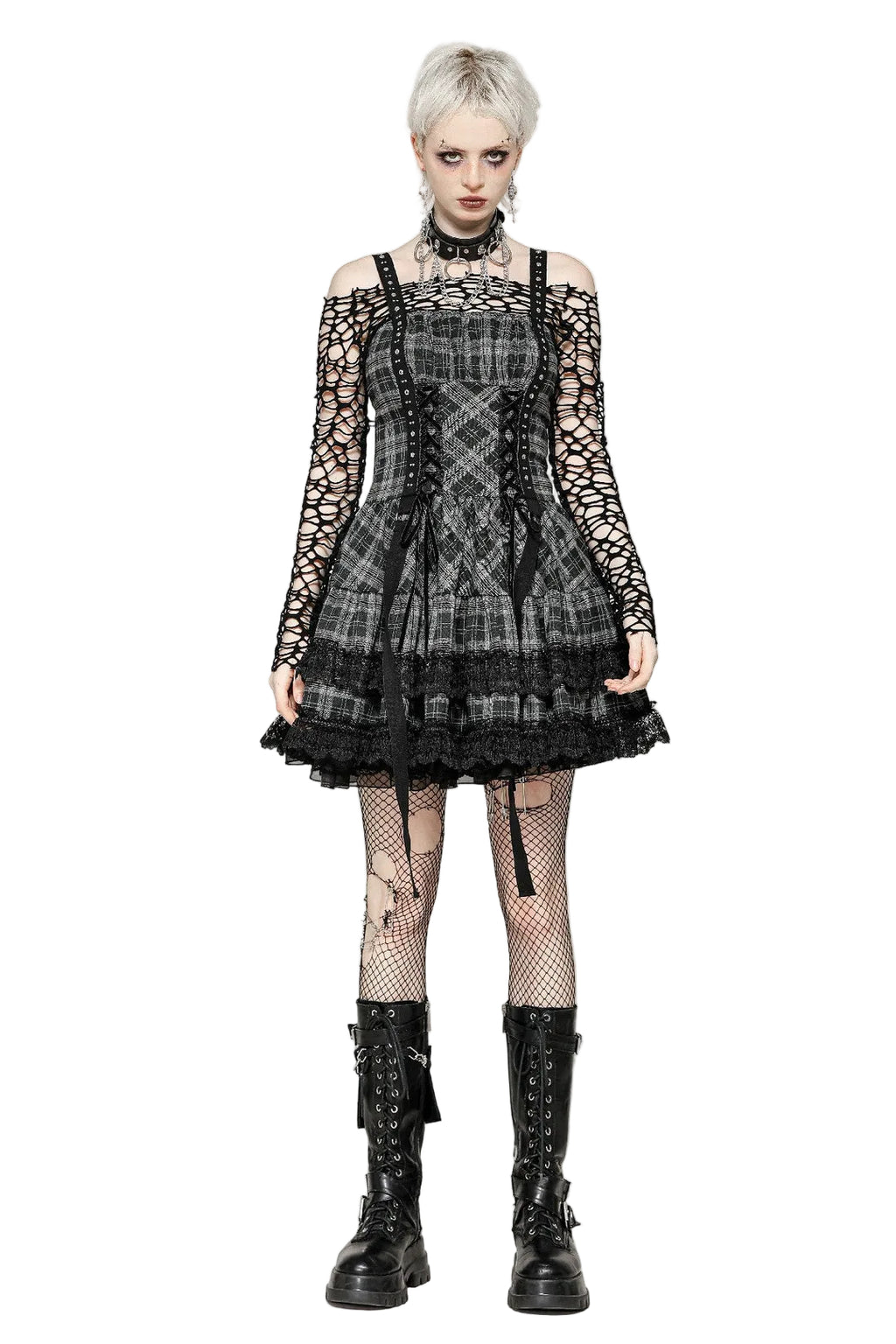 Grey Plaid Lace Up Mini Dress