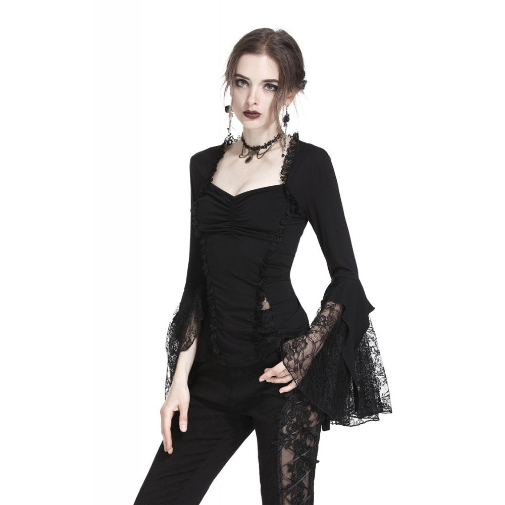 Diamond Neck Cut Lace Bell Sleeve Blouse