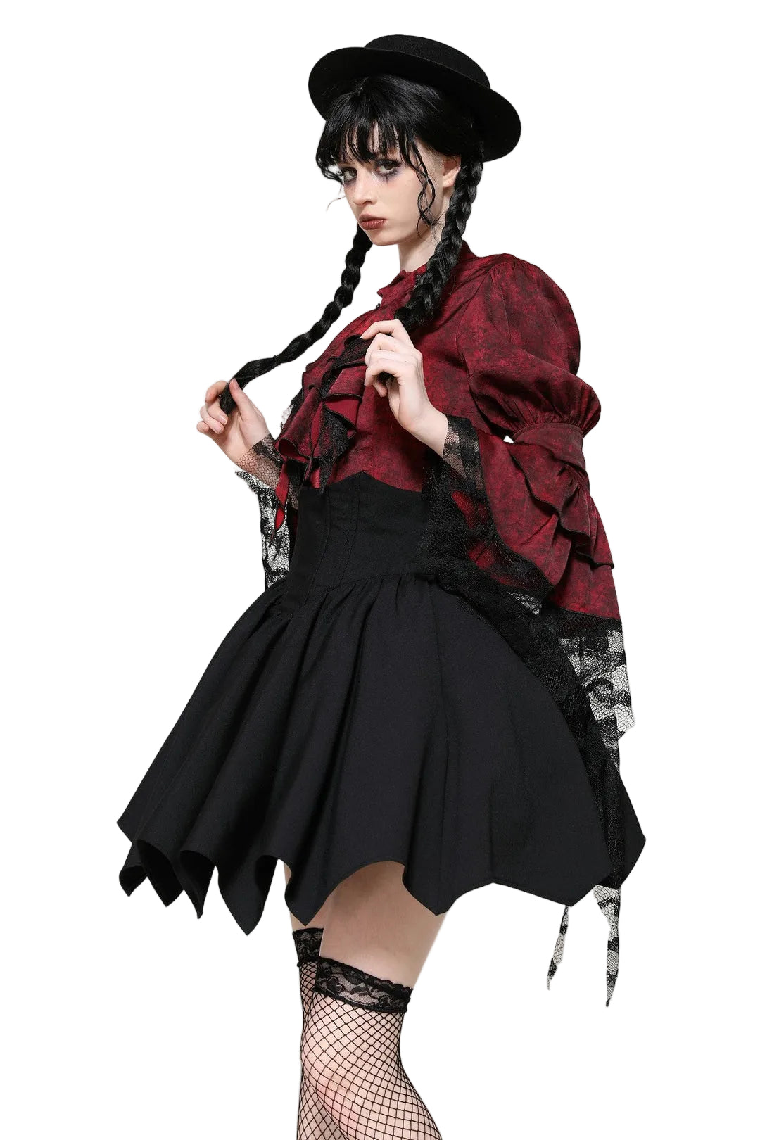 Red Ruffle Neck Trail Sleeve Blouse