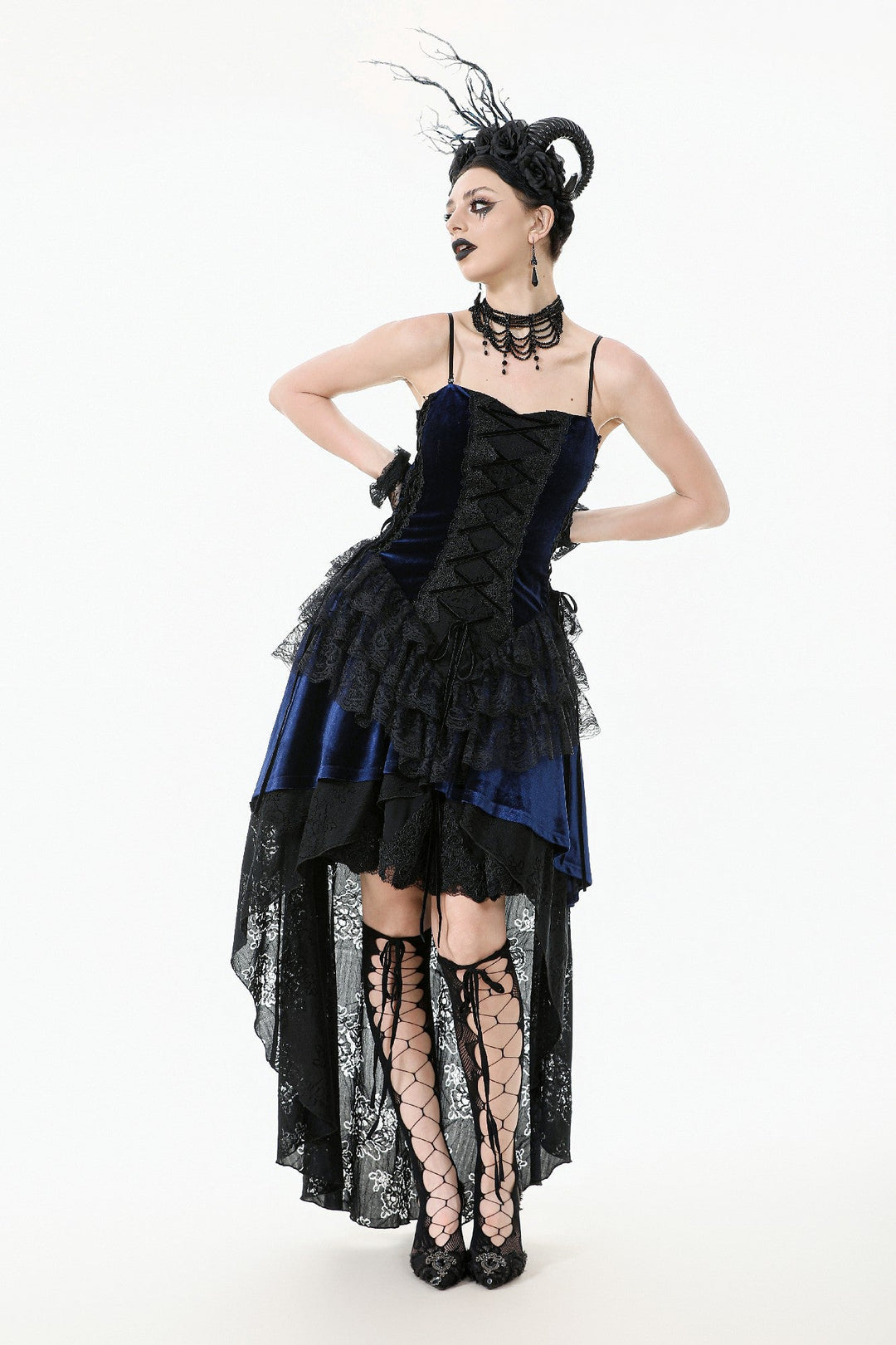 Royal Indigo Velvet Lace Hi-Lo Dress