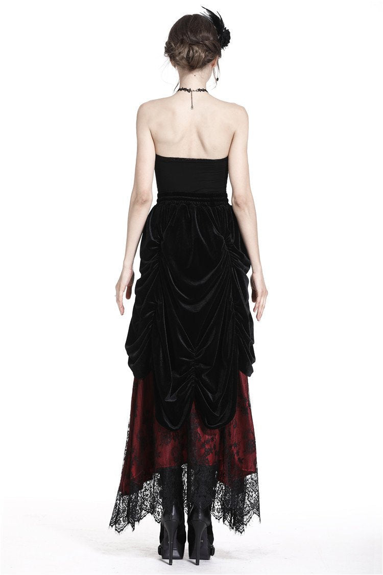 Red Princess Pleat Lace Velvet Maxi Skirt