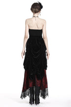 Red Princess Pleat Lace Velvet Maxi Skirt