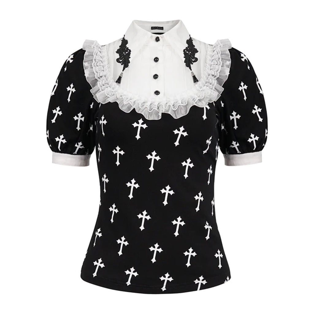 White Frill Crucifix Print Blouse