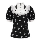 White Frill Crucifix Print Blouse