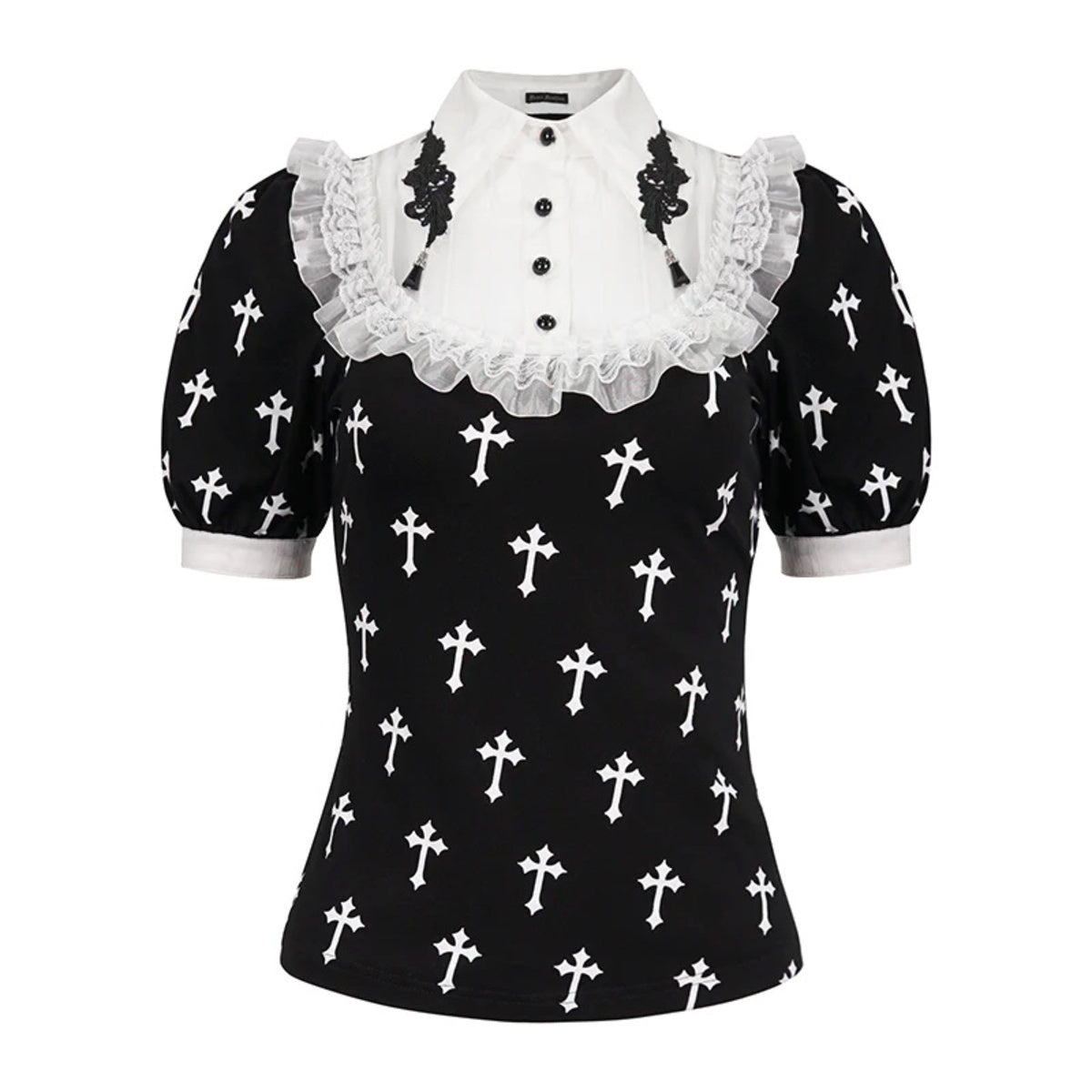 White Frill Crucifix Print Blouse
