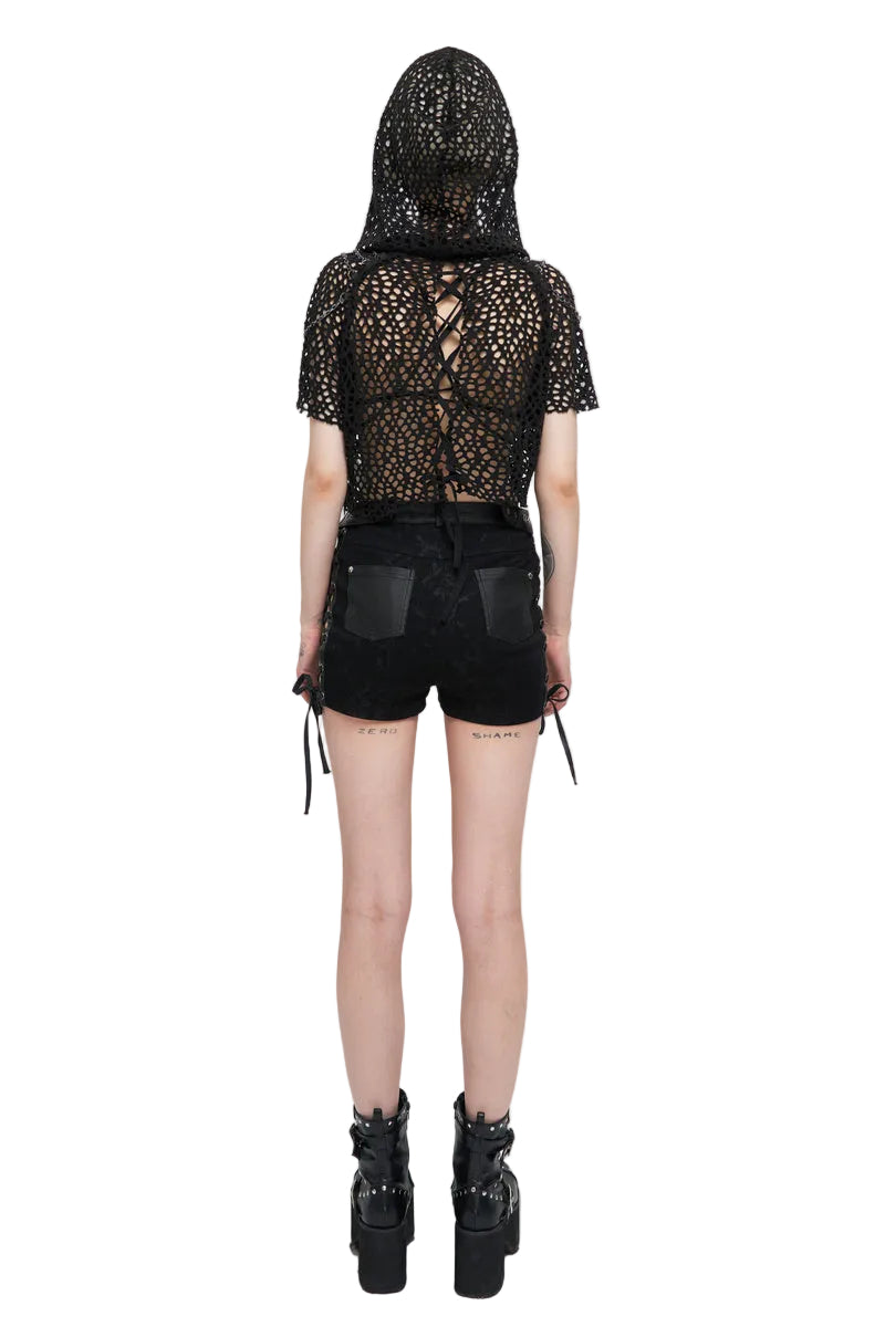 Crop Crochet Back Lace Up Hood