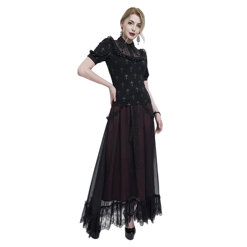 Gothic Crucifix Print Ruffle Blouse