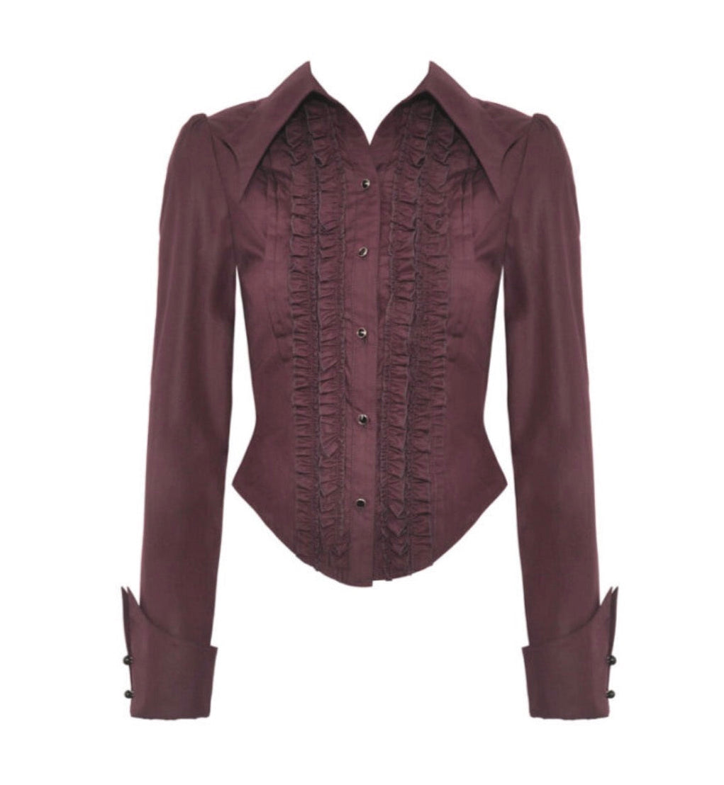Wine Ruffle Long Sleeve Shirt