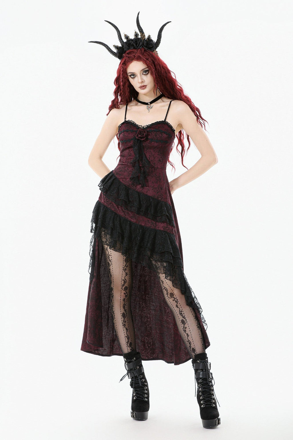 Red Rose Ruffle Asymmetrical Dress