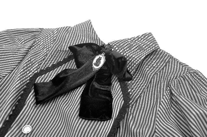 Pinstripe Ribbon Cat Broach Collar Blouse