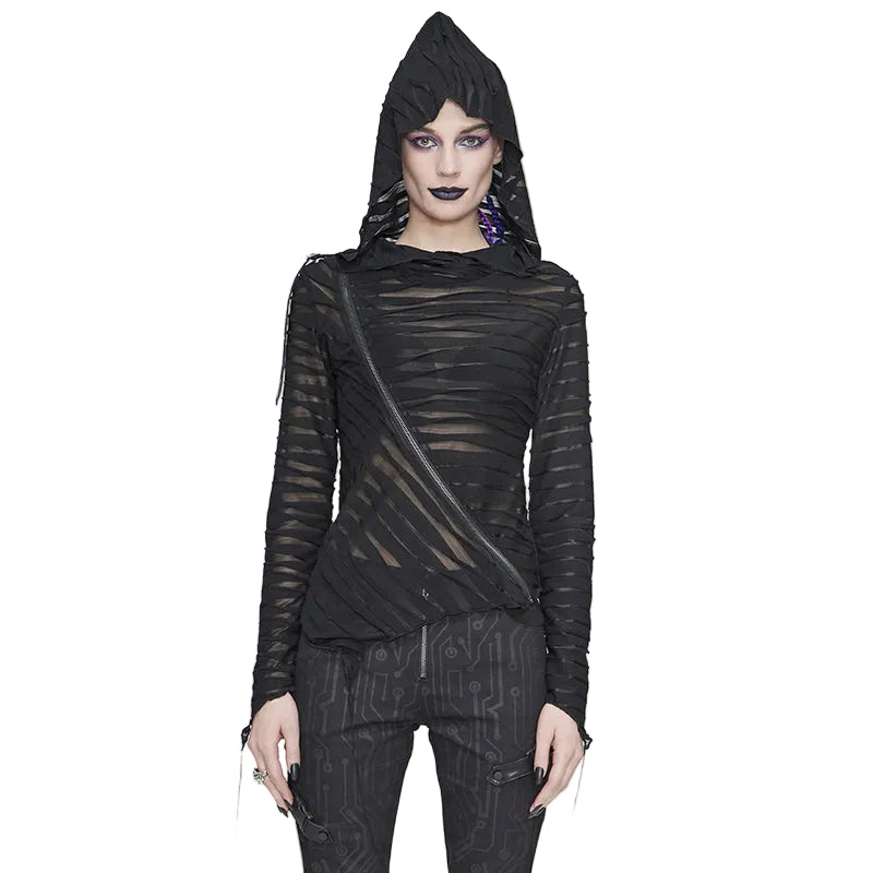 Diagonal Shoulder Zip Sheer Hooded Top