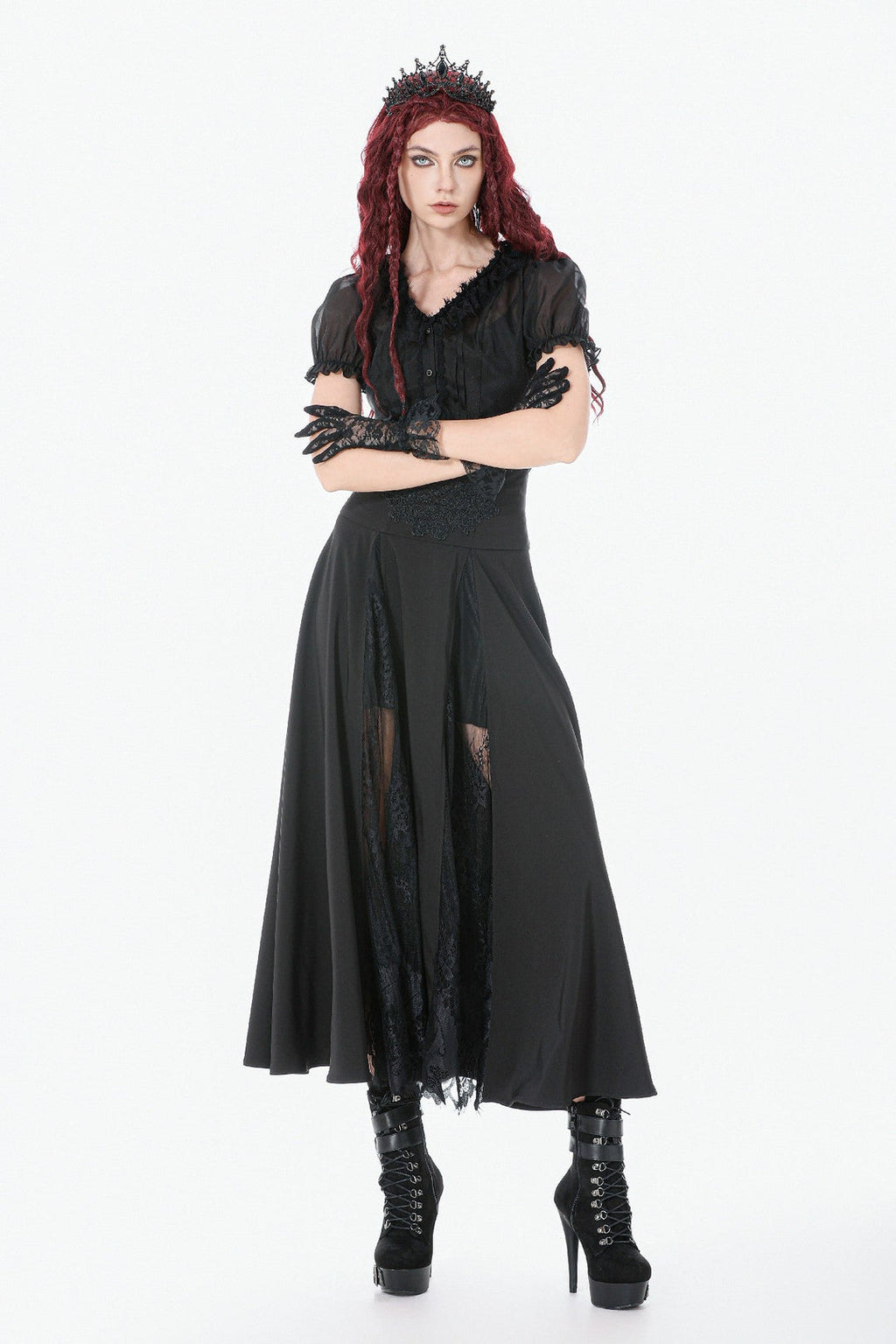Panel Split Floral Net Maxi Skirt