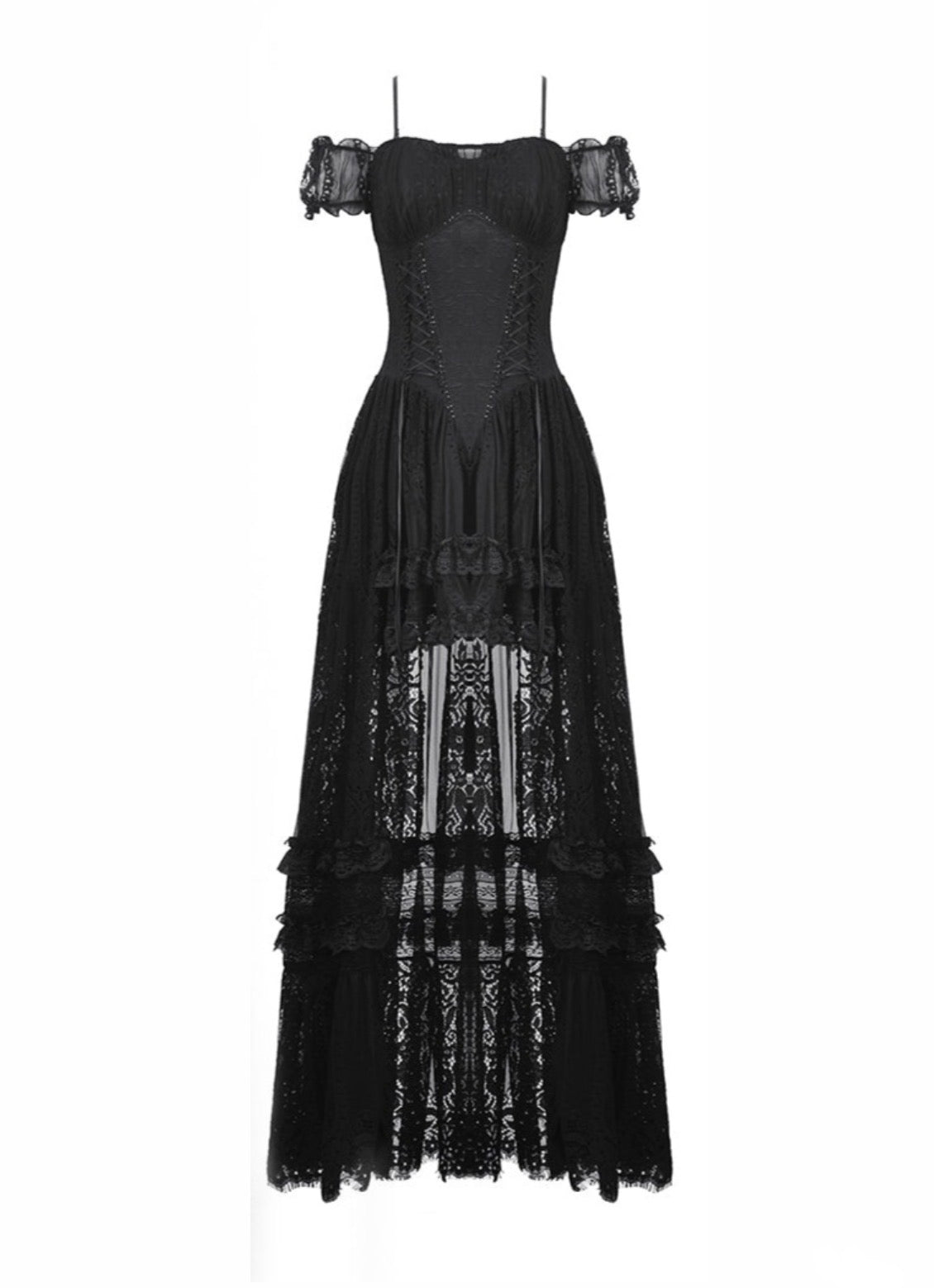 Romantic Lace Trail Bardot Strap Dress