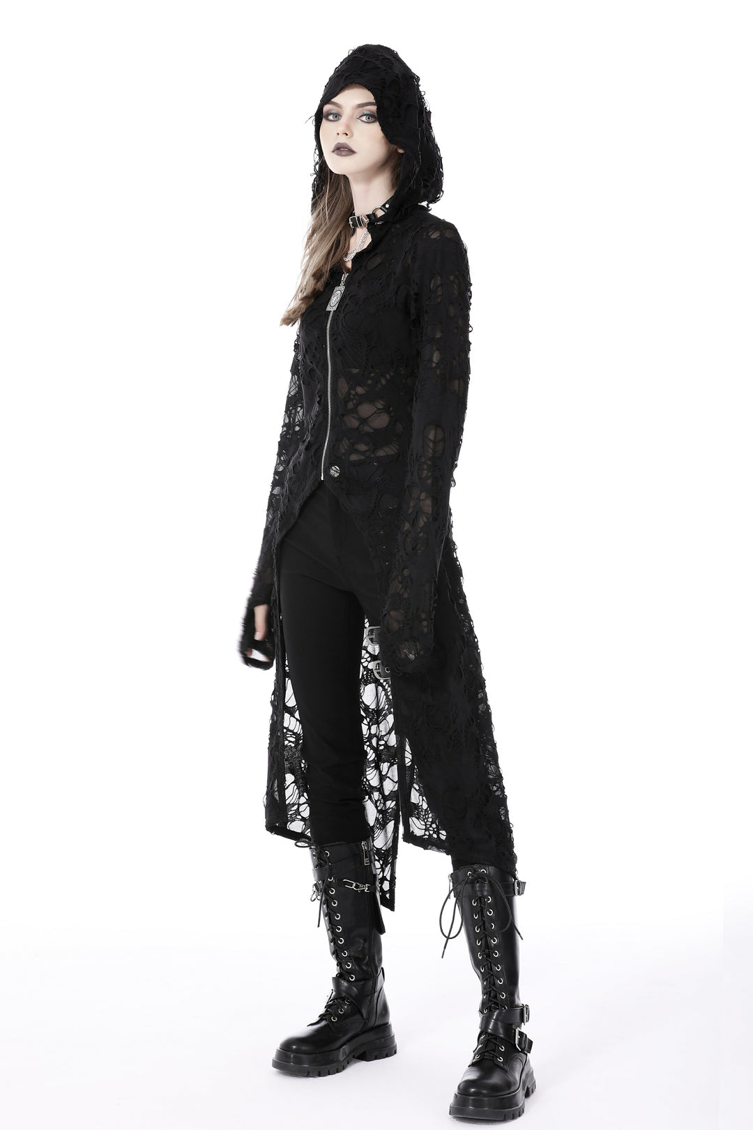 Ripped Hooded Half Zip Long Jacket