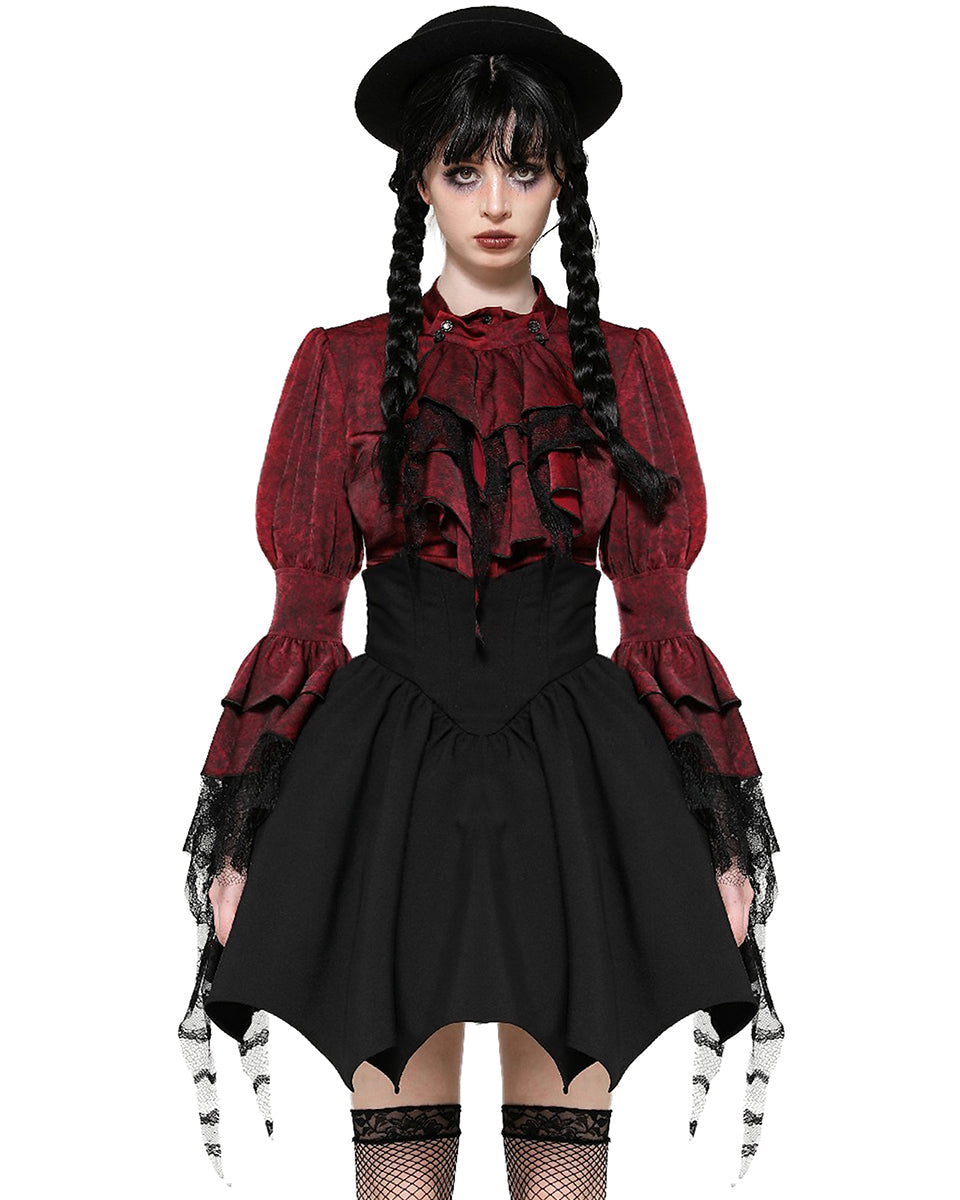 Red Ruffle Neck Trail Sleeve Blouse