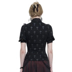 Gothic Crucifix Print Ruffle Blouse