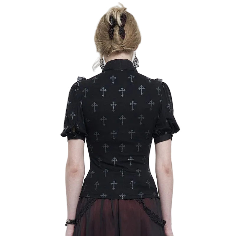 Gothic Crucifix Print Ruffle Blouse