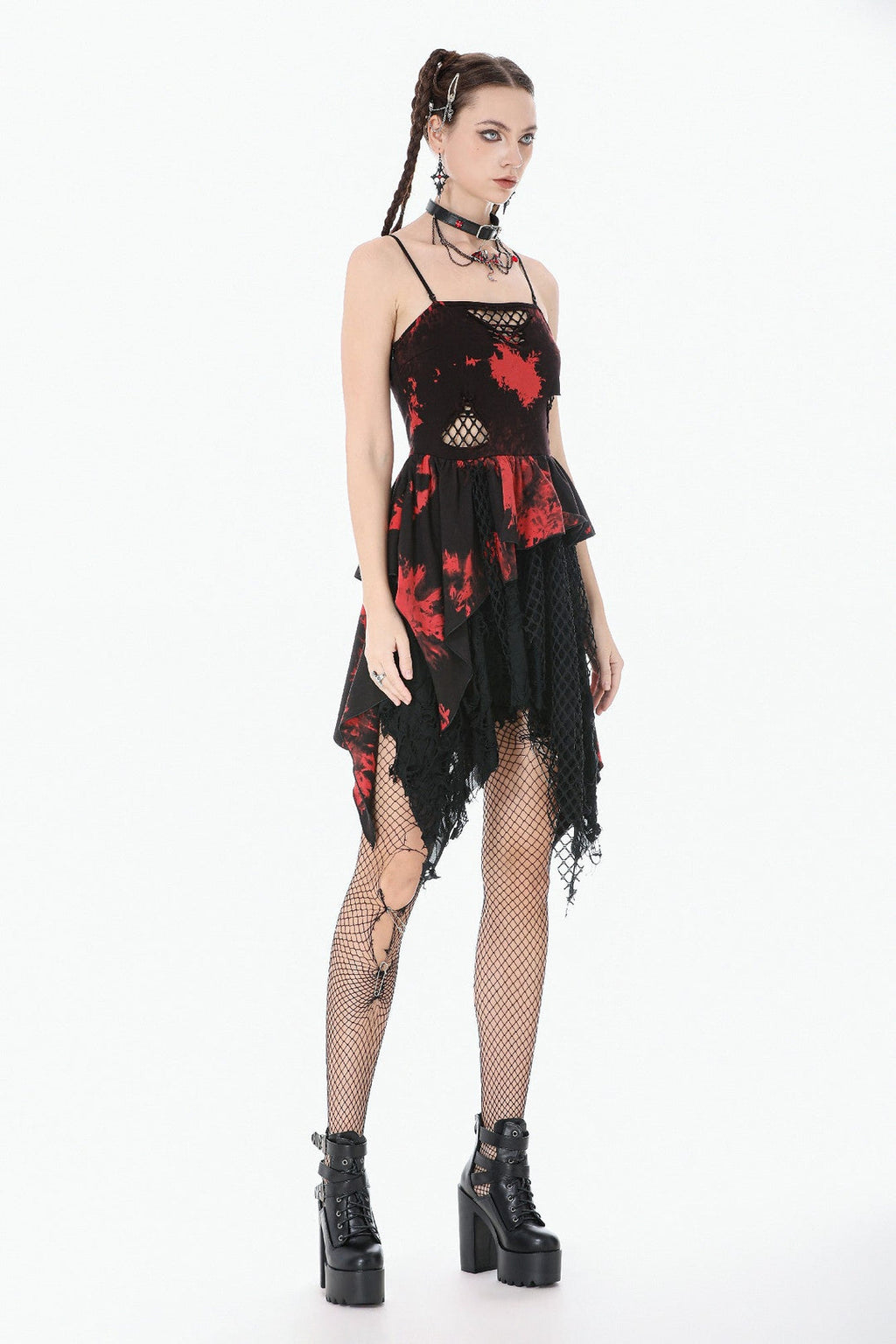 Black & Red Tie Dye Net Layered Dress