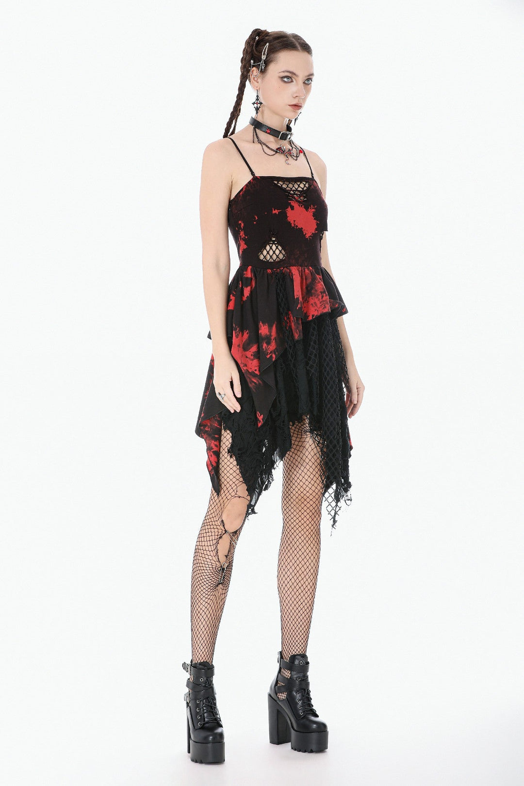 Black & Red Tie Dye Net Layered Dress