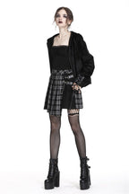 Grid Pleated Big Safety Pin Mini Skirt