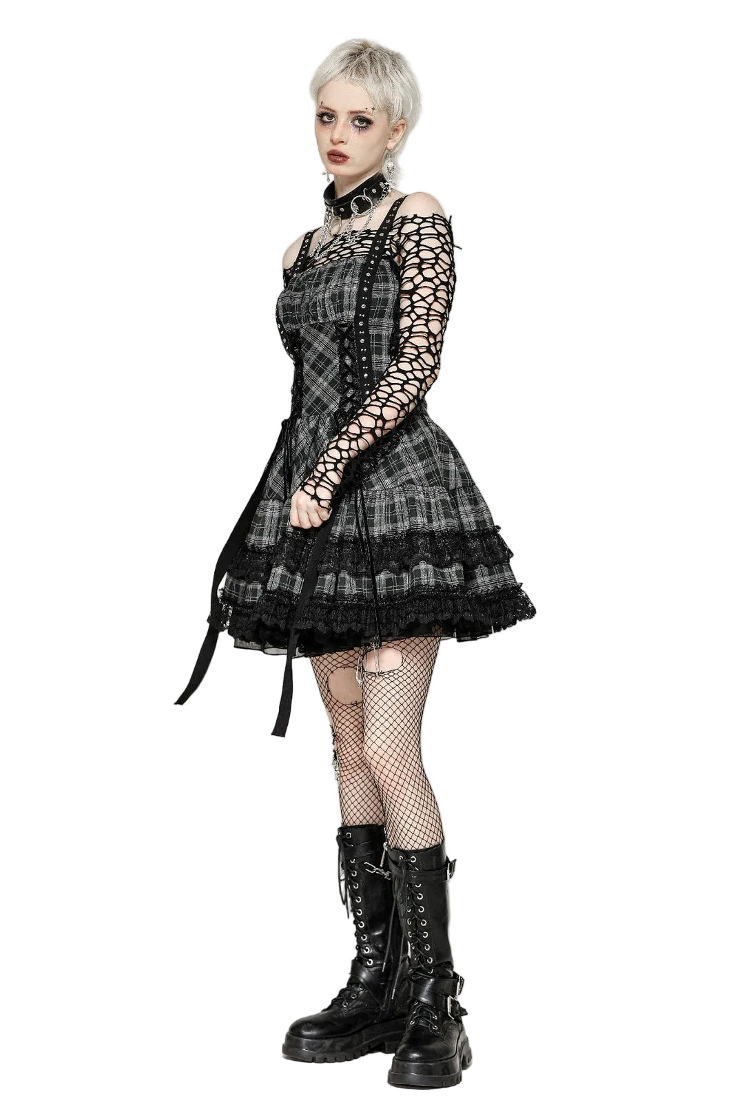 Grey Plaid Lace Up Mini Dress