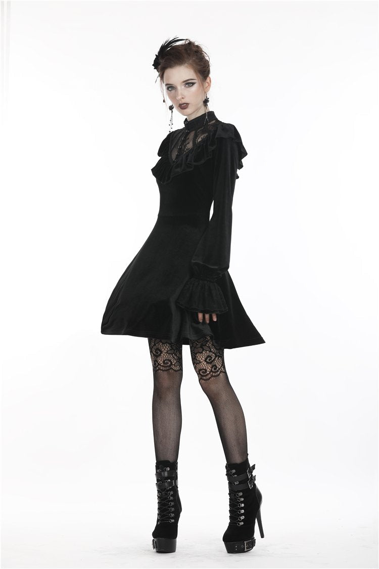 Sheer Lace V Neck Velvet Dress