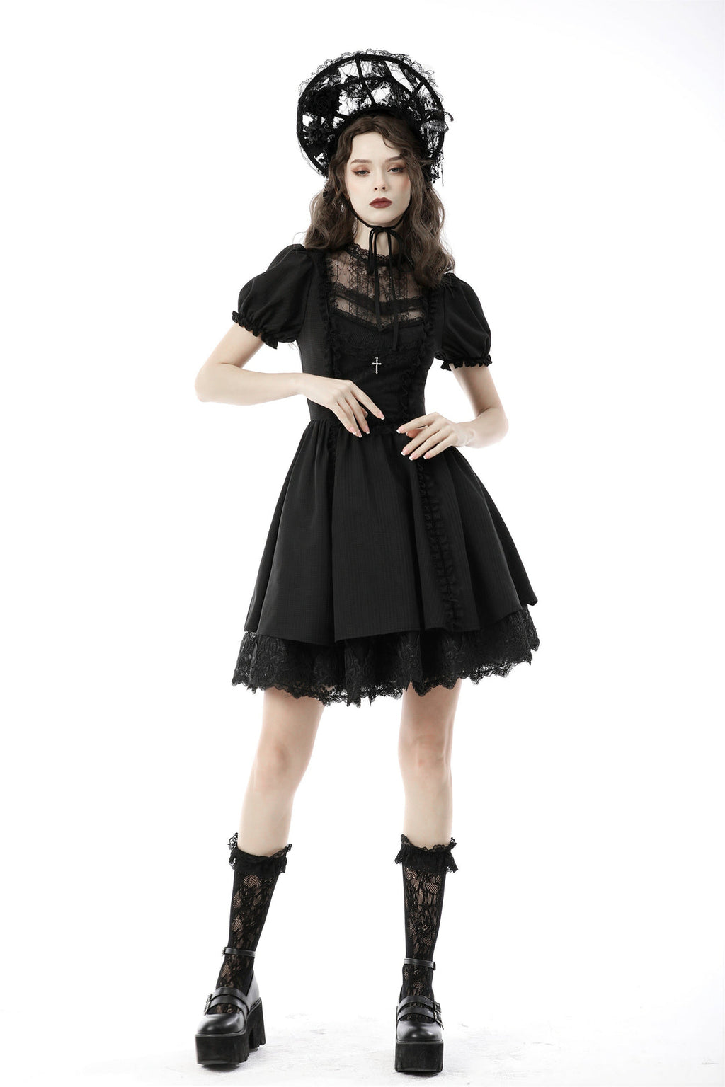 Vintage Netted Neck Puff Sleeve Dress