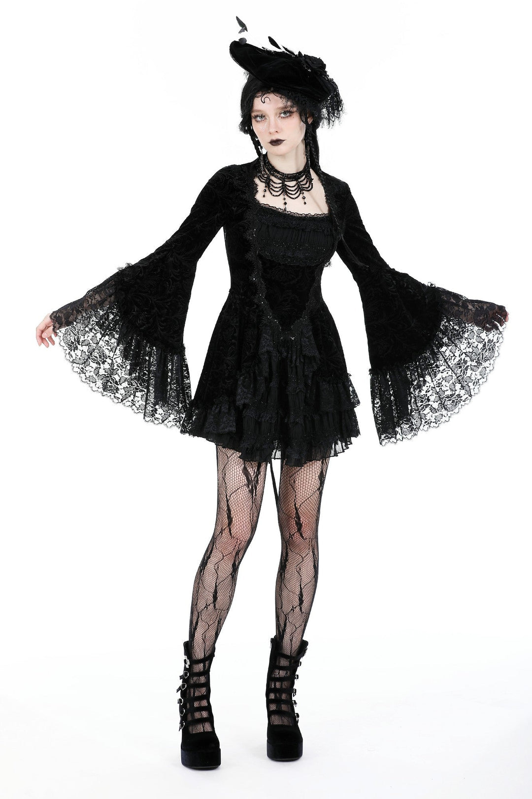 Velvet Lace Bell Sleeve Mini Dress