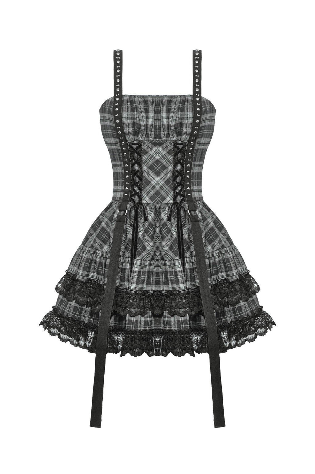 Grey Plaid Lace Up Mini Dress