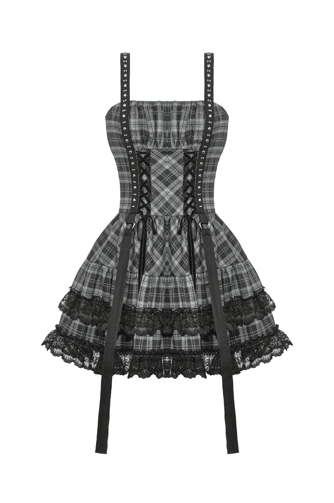 Grey Plaid Lace Up Mini Dress